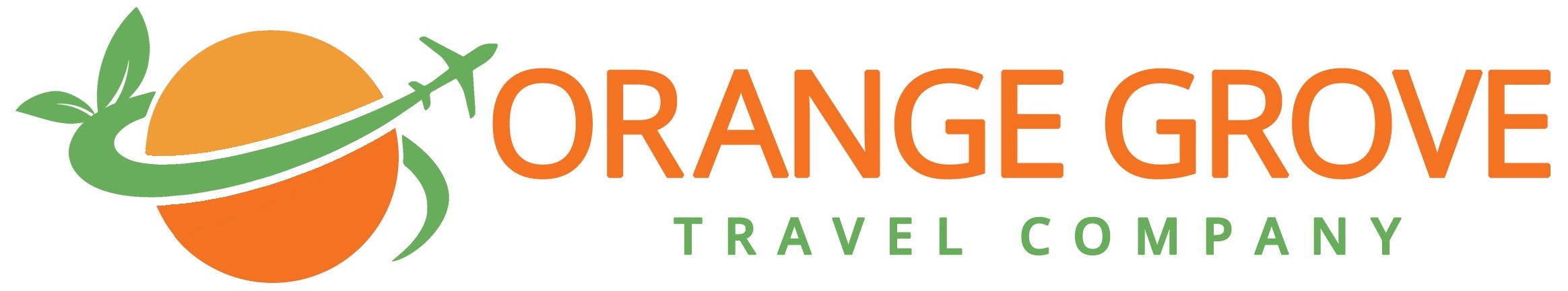 Orange Grove Travel Company logo featuring an orange circle, green leaf, and airplane, representing vacation planning services.