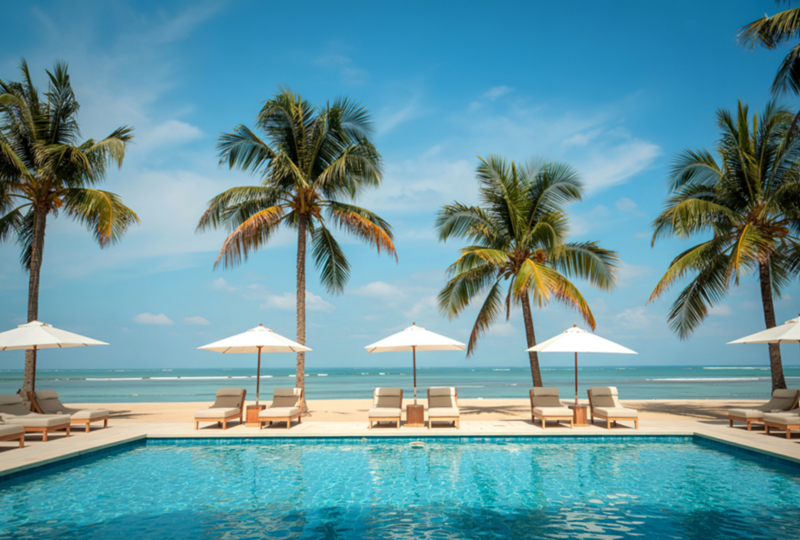 Beach Resort OGTC 2_2 Tropical beach resort scene featuring a swimming pool, lounge chairs, and palm trees against a backdrop of the ocean and blue sky, ideal for luxurious and stress-free vacations.